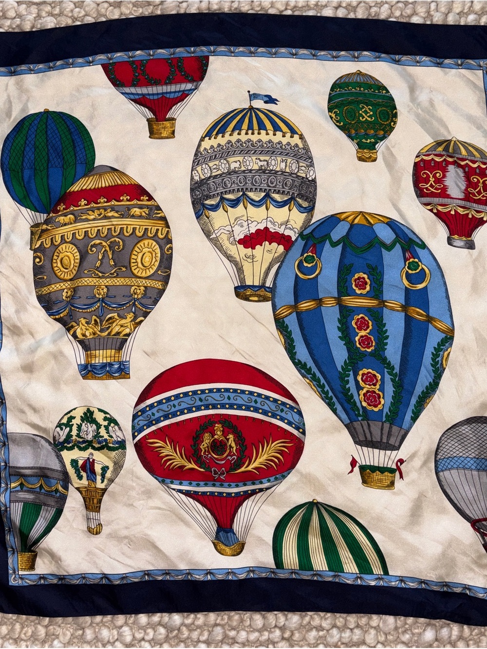 Echo Hot Air Balloon Silk Scarf-Cream, Blue, Red, Green, Gold 34 x 34 inches